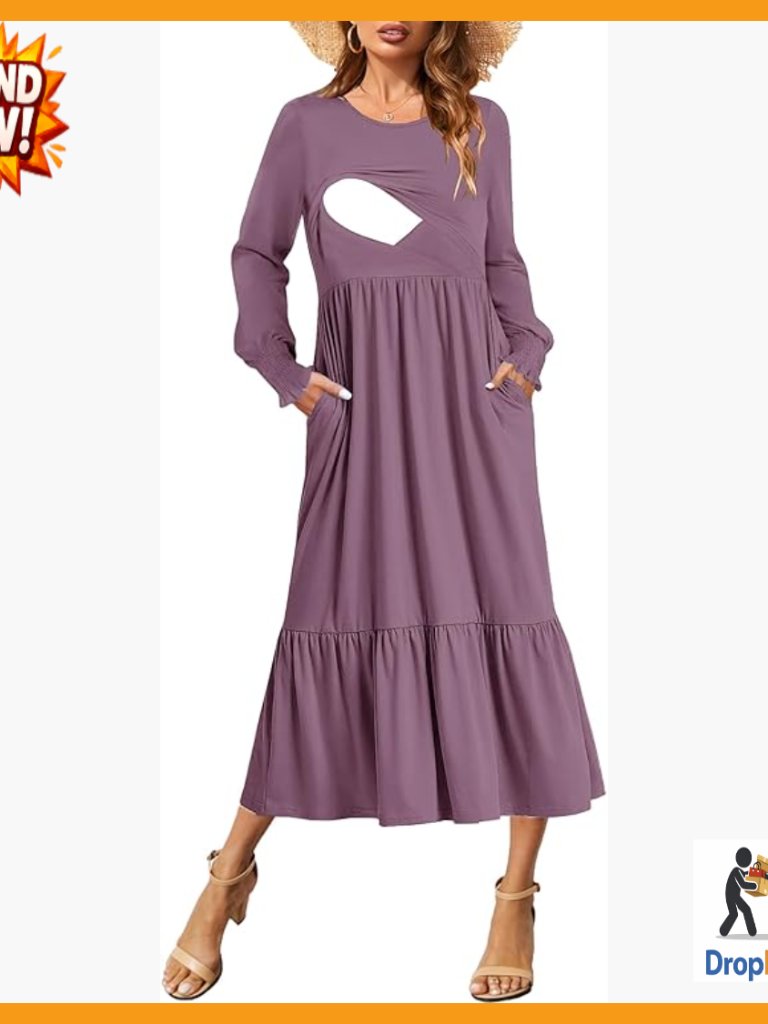 Maternity Nursing Dress Long Sleeve Tiered Flowy Smocked Cuffs Cocktail